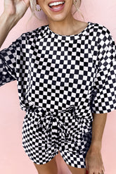 Checkered Top and Drawstring Shorts Pajama Set